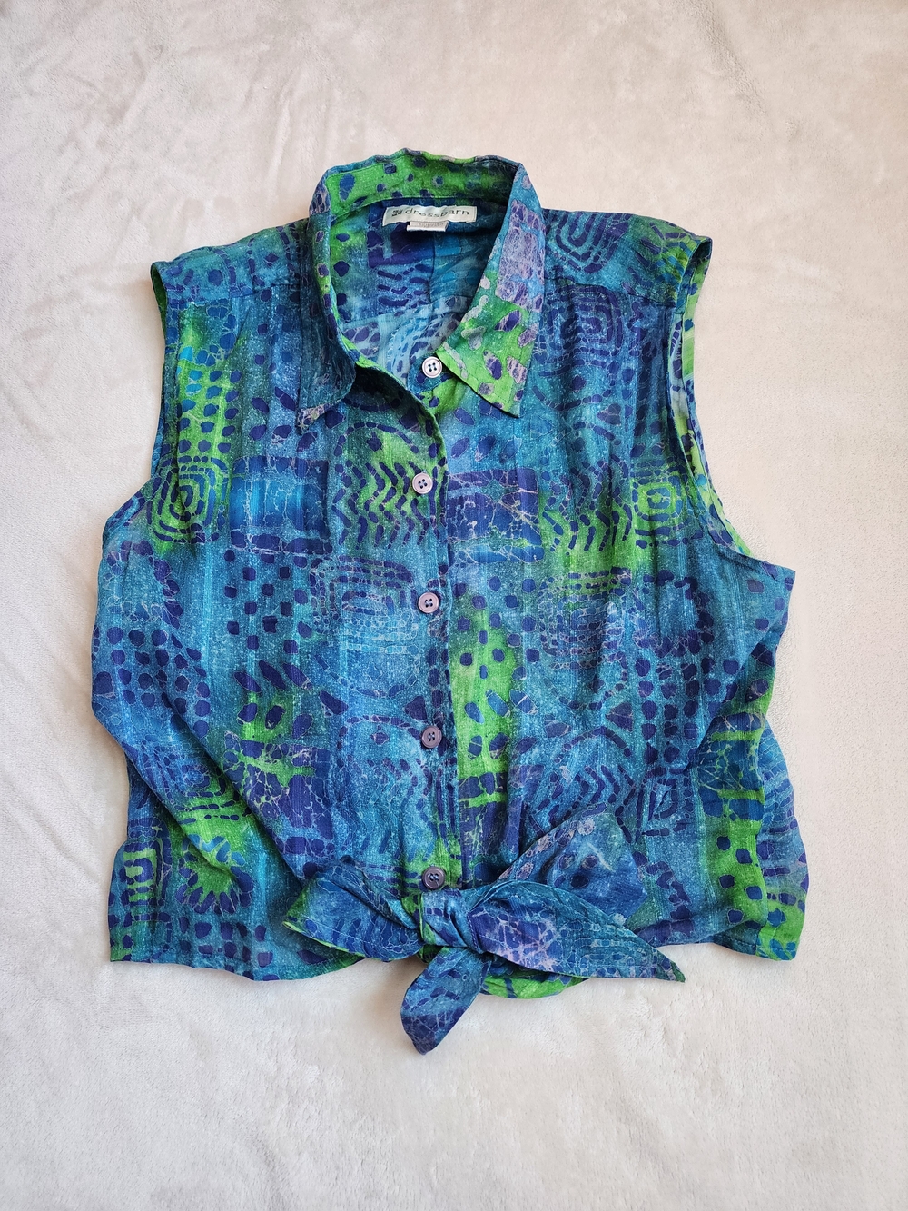 Blue and Green Artsy Patterned Tie-Front Sleeveless Cotton Blouse Y2K 90s Medium